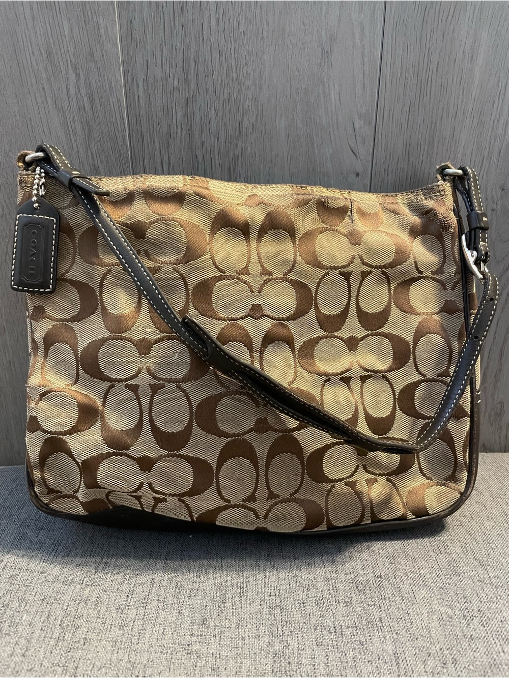 Coach Canvas Shoulder Bag in Brown and Tan Logo Print